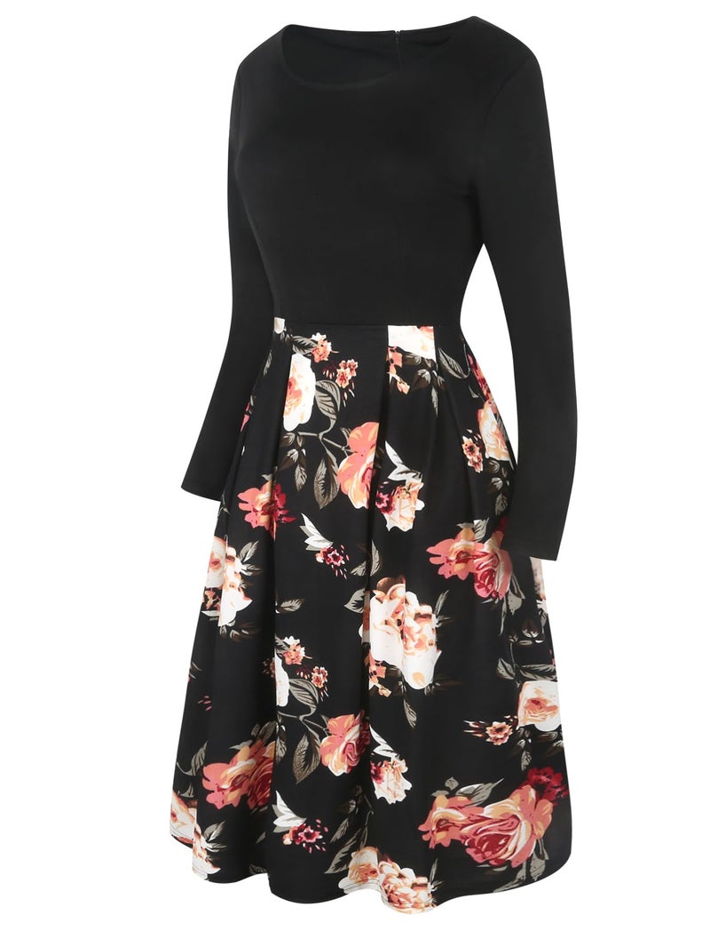 oxiuly Women's Vintage Patchwork Pockets Puffy Swing Casual Party Dress OX165 (Black-MDF9, m) - Image 5
